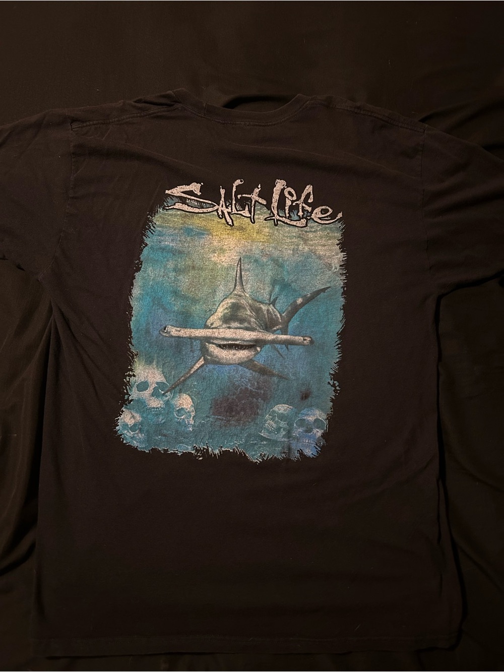 Salt Life Black Shirt Shark Graphic Tee with Blue Ocean Artwork